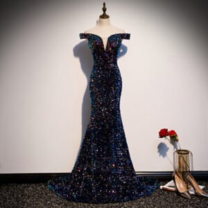 Iridescent Off-Shoulder Sequin Mermaid Gown